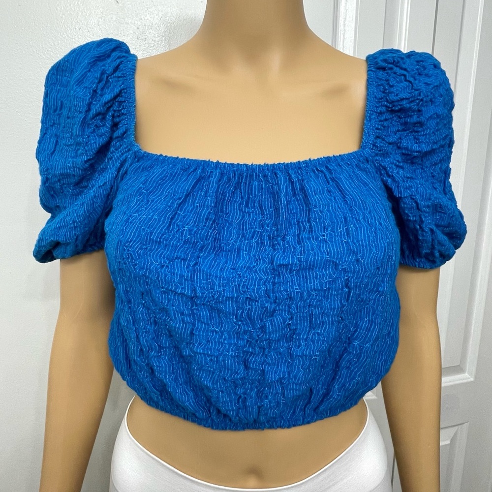 Zara Balloon Puff Sleeve Electric Blue Textured Crop Top Women’s Size S - Picture 3 of 9